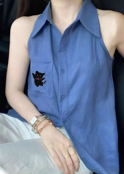 Shirt Pan Peter Chic Cotton Button Tops Sleeveless Blue Collar