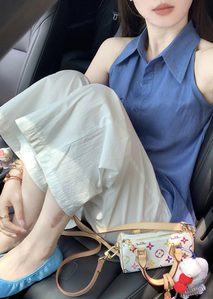 Shirt Pan Peter Chic Cotton Button Tops Sleeveless Blue Collar