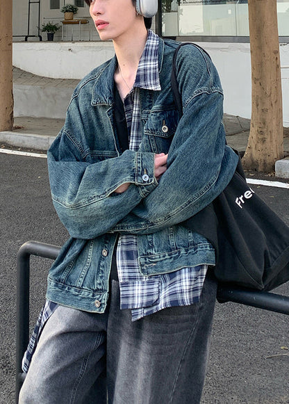 Blue Patchwork Plaid Coats Pockets Denim Mens Chic Spring