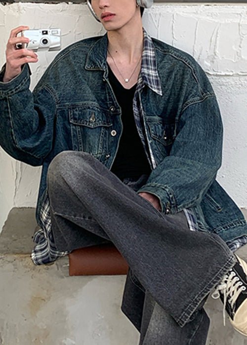 Blue Patchwork Plaid Coats Pockets Denim Mens Chic Spring