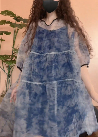 Patchwork Set Tulle Half Print Sleeve Pieces Blue Chic Two