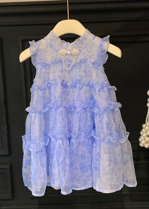 Chic Blue Stand Collar Ruffled Lace Up Chiffon Girls Dresses Sleeveless EW056