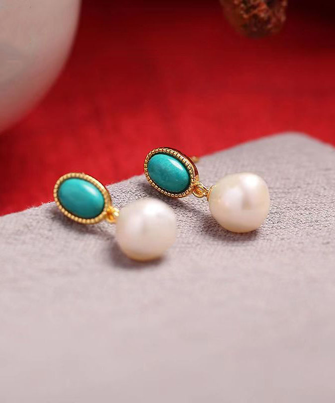 Turquoise Drop Earrings Sterling Silver Chic Overgild Pearl Blue