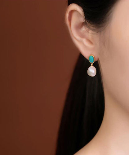 Turquoise Drop Earrings Sterling Silver Chic Overgild Pearl Blue