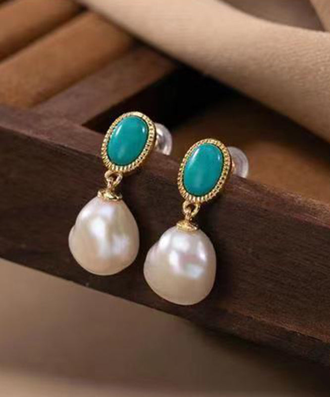 Turquoise Drop Earrings Sterling Silver Chic Overgild Pearl Blue