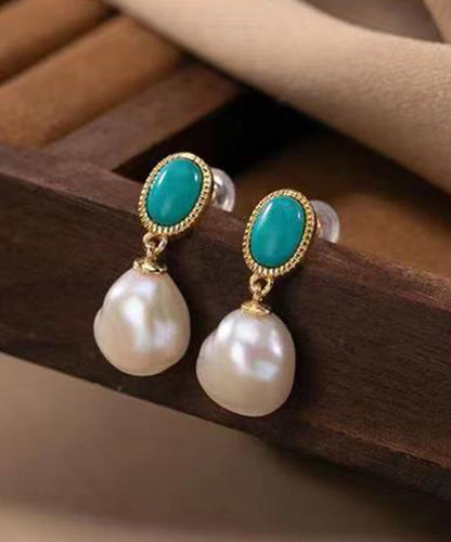 Turquoise Drop Earrings Sterling Silver Chic Overgild Pearl Blue