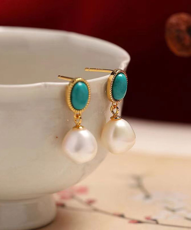Turquoise Drop Earrings Sterling Silver Chic Overgild Pearl Blue