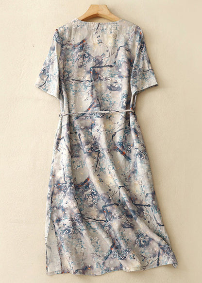 Chic Blue V Neck Print Tie Waist Cotton Dresses Summer GG002