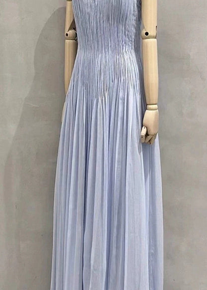 Wrinkled Summer V Chic Spaghetti Dress Neck Strap Blue Cotton