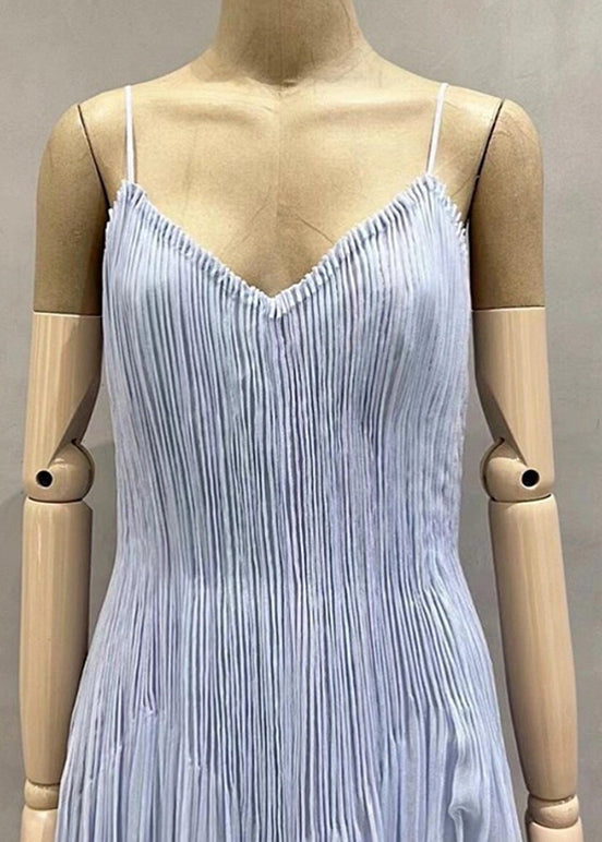 Wrinkled Summer V Chic Spaghetti Dress Neck Strap Blue Cotton