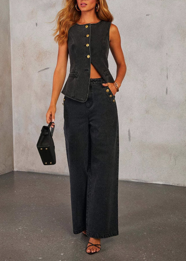 Set Two-Piece Chic Summer Blue Pants And Vest Denim