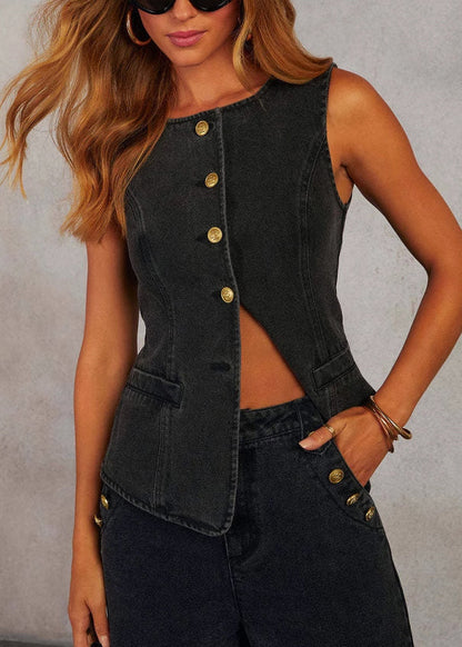 Set Two-Piece Chic Summer Blue Pants And Vest Denim