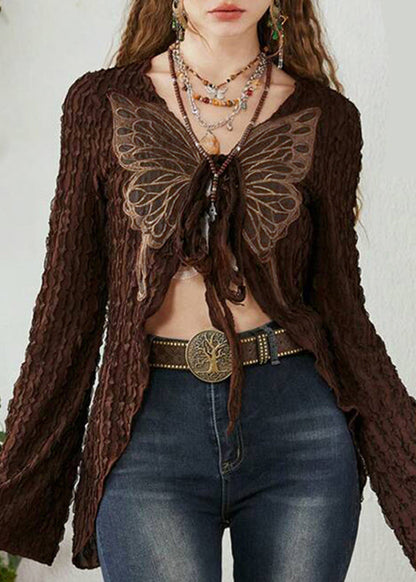 Chic Up Cotton Patchwork Lace Cardigan Brown Knitting Butterfly