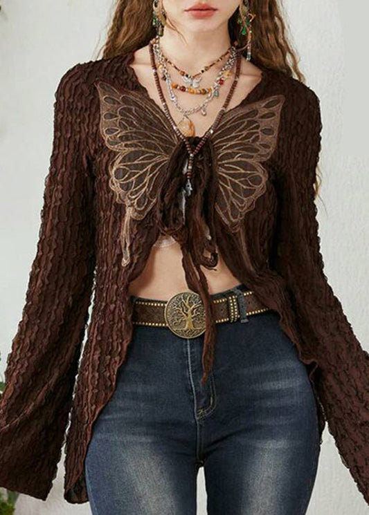 Chic Up Cotton Patchwork Lace Cardigan Brown Knitting Butterfly