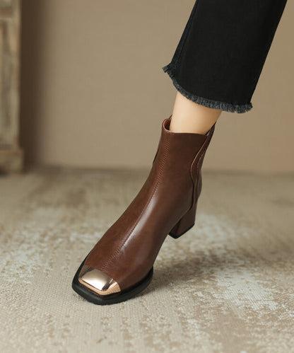 Chic Brown Cowhide Leather Zippered Splicing Chunky Heel Boots WT013