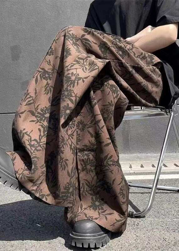 Cotton Leg Wide Print High Waist Men Chic Summer Coffee Pants