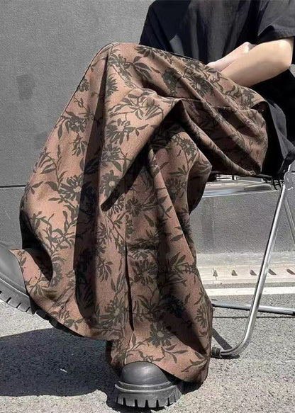 Cotton Leg Wide Print High Waist Men Chic Summer Coffee Pants