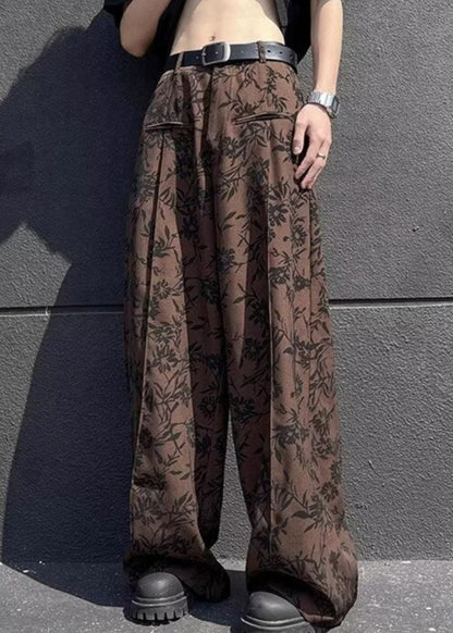 Cotton Leg Wide Print High Waist Men Chic Summer Coffee Pants