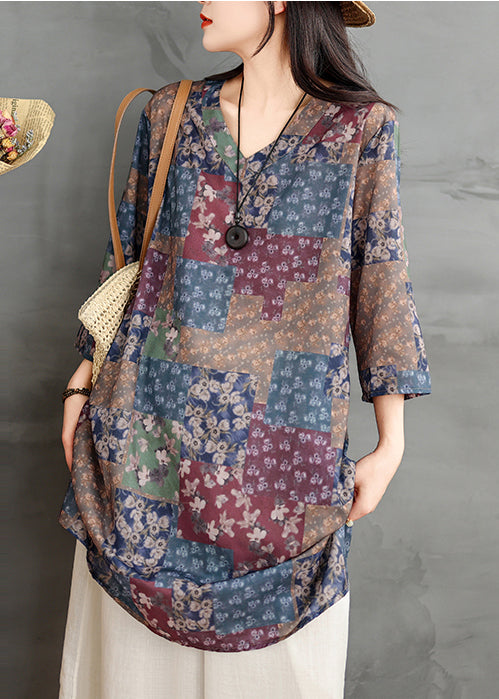 Chic Colorblock V Neck Print Linen Mini Dress Summer TM022