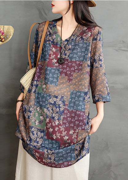 Chic Colorblock V Neck Print Linen Mini Dress Summer TM022