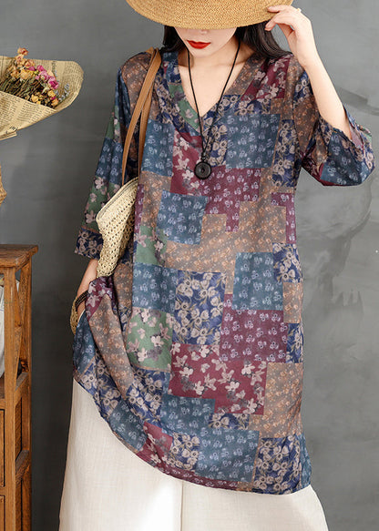 Chic Colorblock V Neck Print Linen Mini Dress Summer TM022