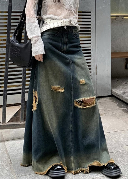Chic Denim Blue Hole High Waist Skirts Fall AW1007