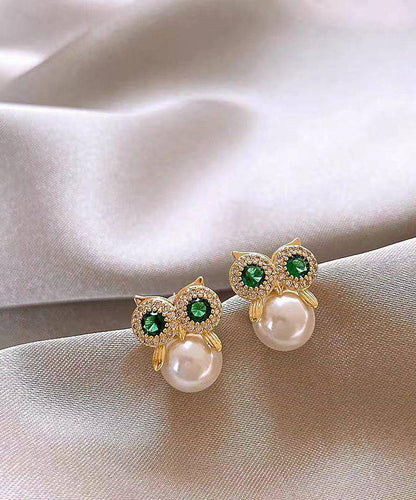 Owl Earrings Alloy Gold Chic Pearl Stud Copper Zircon