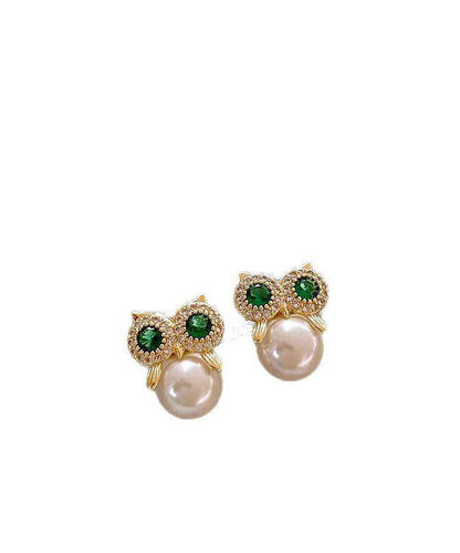 Owl Earrings Alloy Gold Chic Pearl Stud Copper Zircon