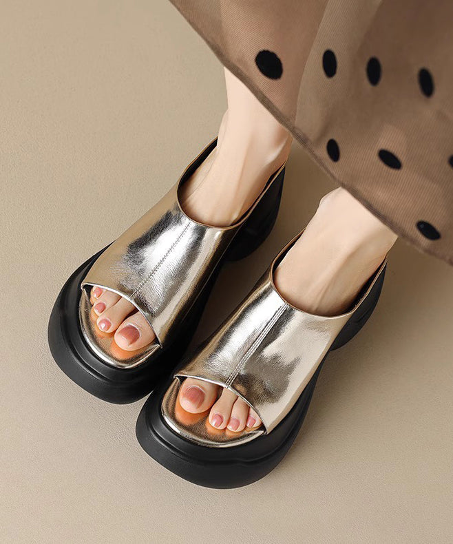 Chic Gold Platform Heels Faux Leather Slide Sandals Peep Toe DD1048