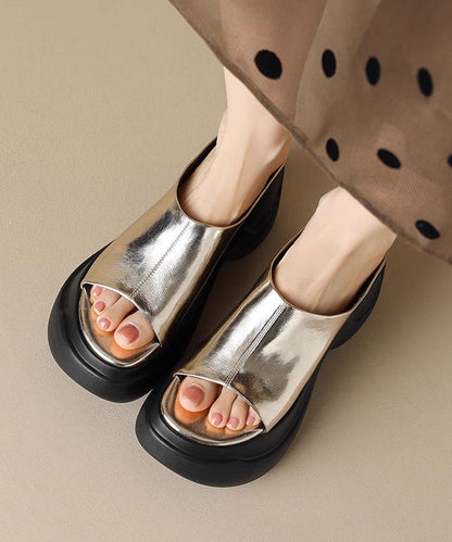 Chic Gold Platform Heels Faux Leather Slide Sandals Peep Toe DD1048