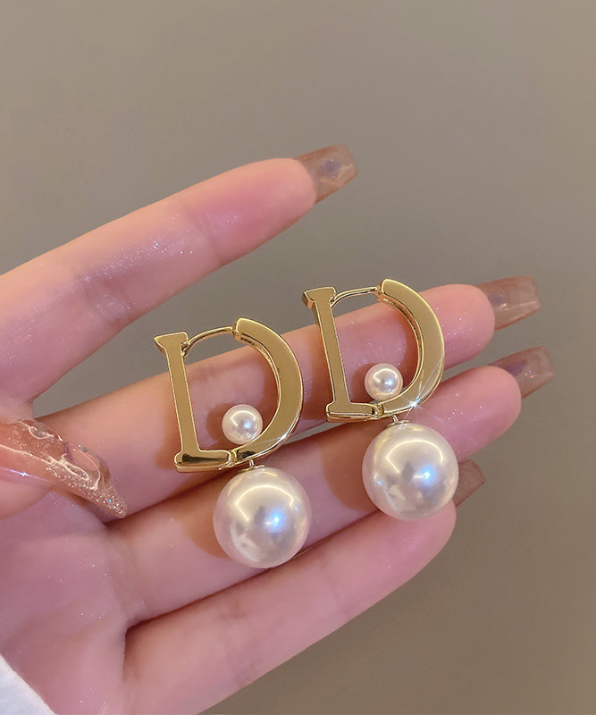 Chic Gold Sterling Silver Alloy Pearl Letter Drop Earrings KX1054