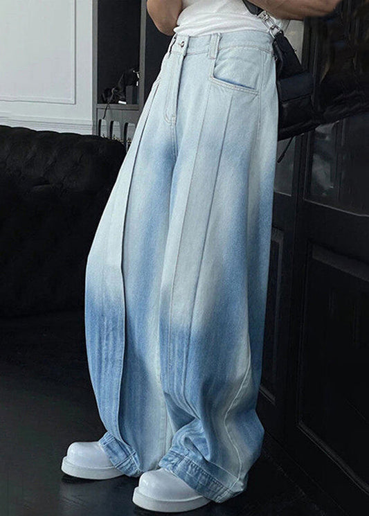 Waist Gradient Denim Leg Pockets Men Color High Wide Chic Pants