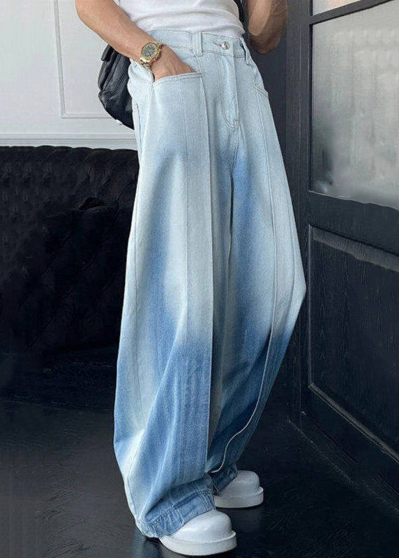 Waist Gradient Denim Leg Pockets Men Color High Wide Chic Pants