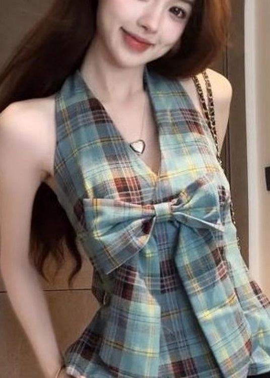 Halter Vests Backless Chic Plaid Summer Green