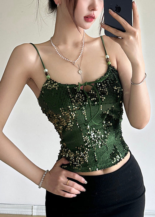 Green Sequins Tank Up Strap Spaghetti Sleeveless Chic Lace
