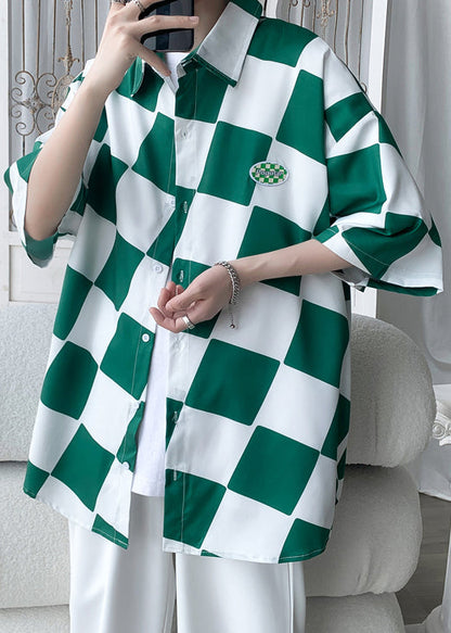 Ice Shirts Sleeve Chic Plaid Green Collar Men Peter Silk Half Pan