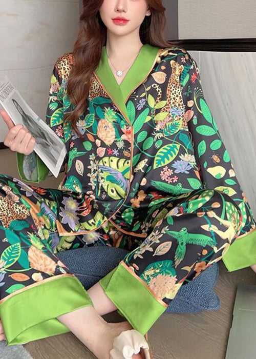 Chic Green Peter Pan Collar Print Ice Silk Pajamas Two-Piece Set Spring YK010