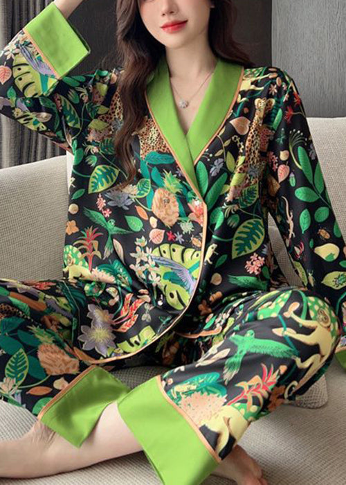Chic Green Peter Pan Collar Print Ice Silk Pajamas Two-Piece Set Spring YK010