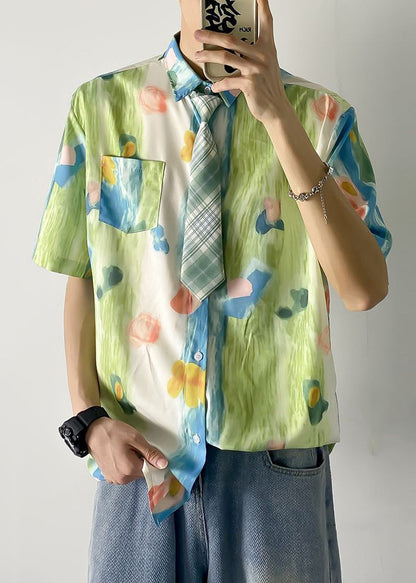 Shirts Green Cotton Print Mens Pan Collar Peter Chic Pockets