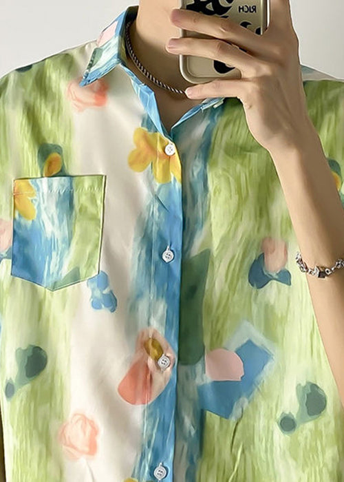 Shirts Green Cotton Print Mens Pan Collar Peter Chic Pockets