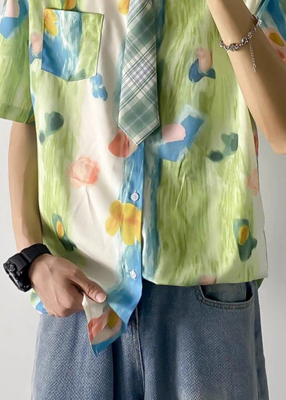 Shirts Green Cotton Print Mens Pan Collar Peter Chic Pockets