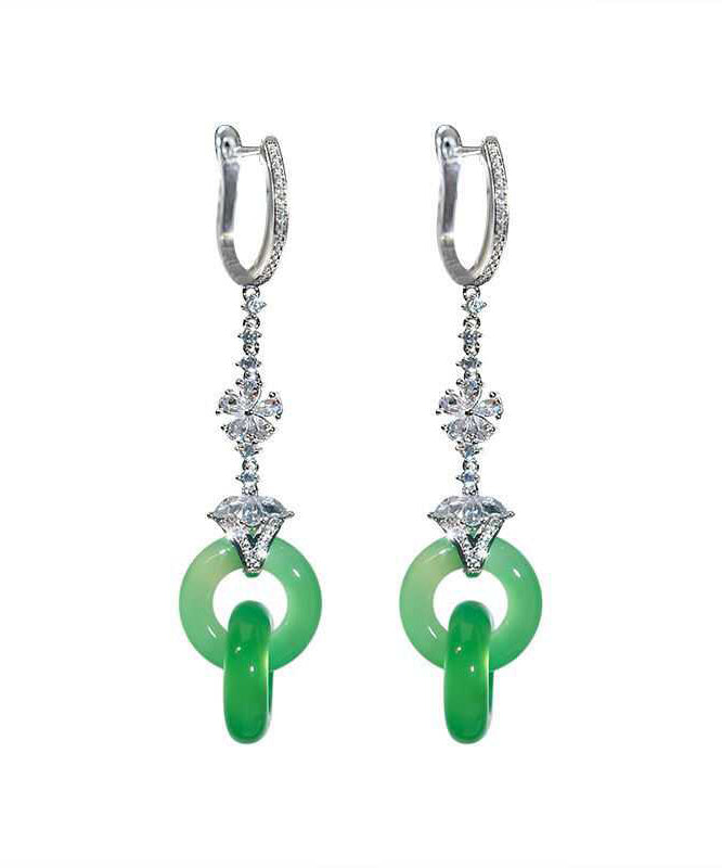 Chic Green Sterling Silver Zircon Jade Ping Buckle Tassel Drop Earrings AC1078