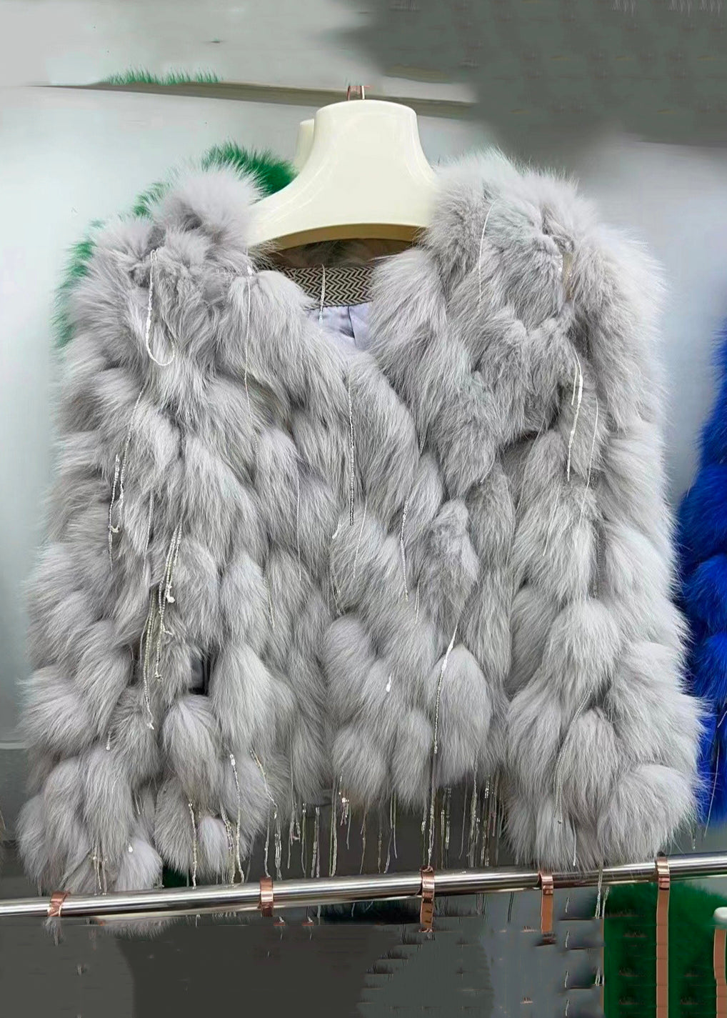 Chic Green Tasseled Original Design Leather And Fur Coats Spring YW043