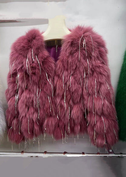 Chic Green Tasseled Original Design Leather And Fur Coats Spring YW043