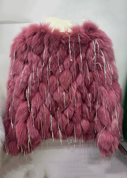 Chic Green Tasseled Original Design Leather And Fur Coats Spring YW043