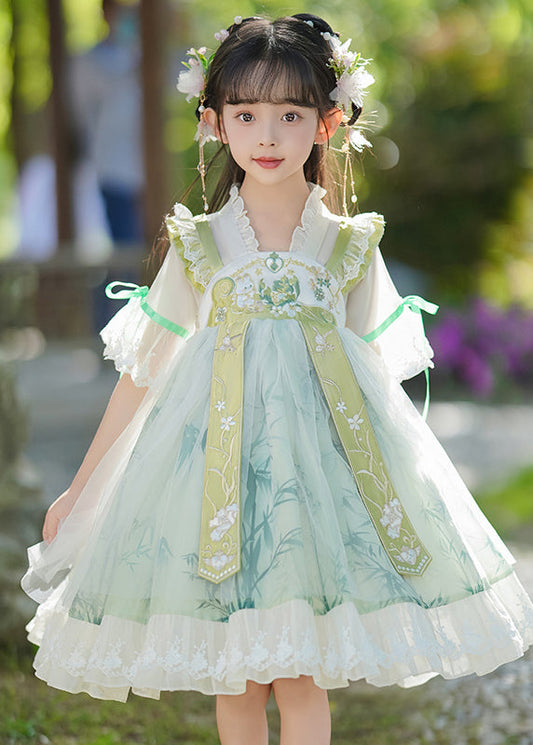 Neck Dress Ruffled Chic Patchwork V Maxi Green Chiffon Kids