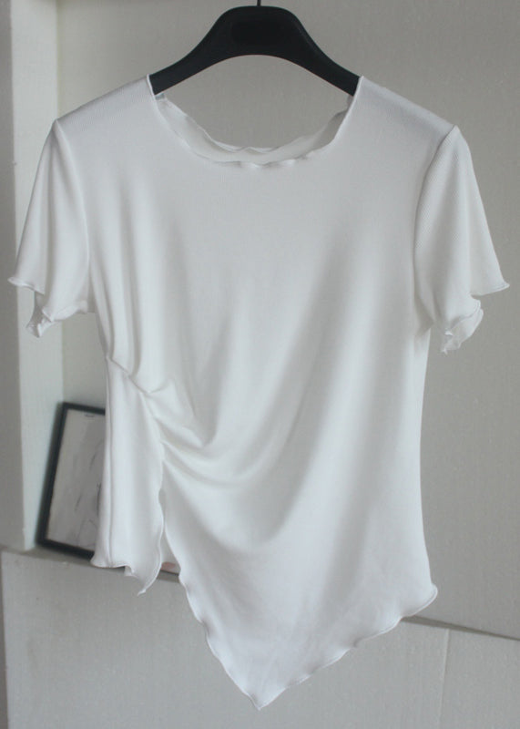 Chic Grey Asymmetrical Wrinkled Short Sleeve QB024