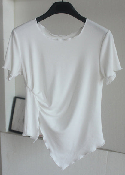 Chic Grey Asymmetrical Wrinkled Short Sleeve QB024
