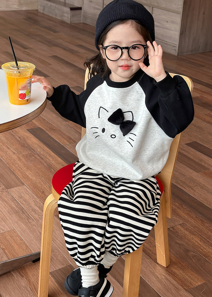 Chic Grey O-Neck Striped Girls Sweatshirt And Lantern Pants Two Piece Set Spring TR007