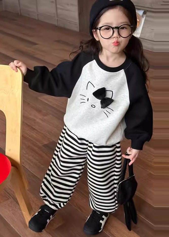 Chic Grey O-Neck Striped Girls Sweatshirt And Lantern Pants Two Piece Set Spring TR007